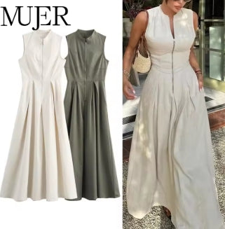 Women’s Long Pleated Sleeveless Bodycon Dress Elegant Summer Dress