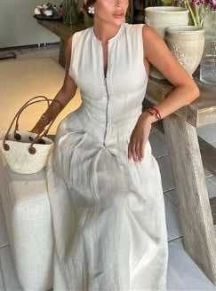 Women’s Long Pleated Sleeveless Bodycon Dress Elegant Summer Dress