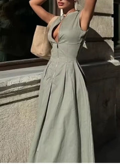 Women’s Long Pleated Sleeveless Bodycon Dress Elegant Summer Dress