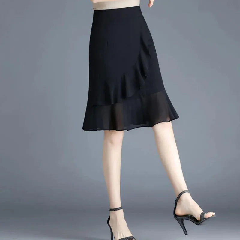 Elegant Black Chiffon Fishtail Skirt