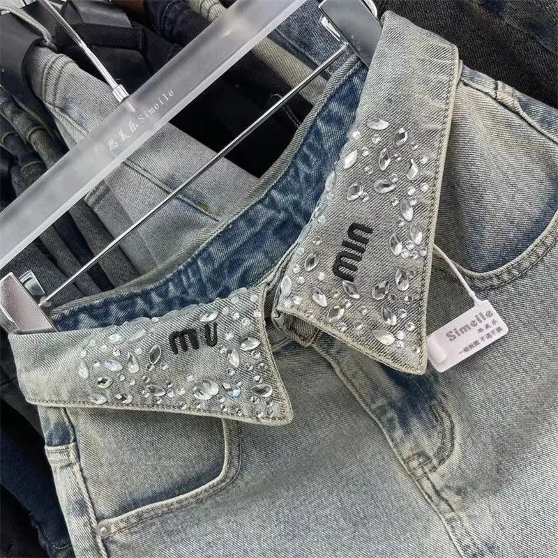 Vintage Fashion High Waist Diamonds A-line Skirt Female Trend Sexy Pocket Skirt Women Clothing Fashionable Distressed Mini Dress