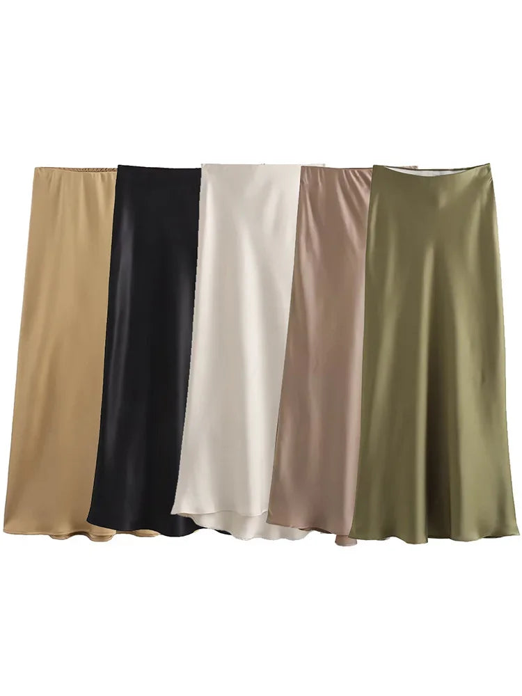 Elegant Black Satin Midi Skirt - High Waist Fashion