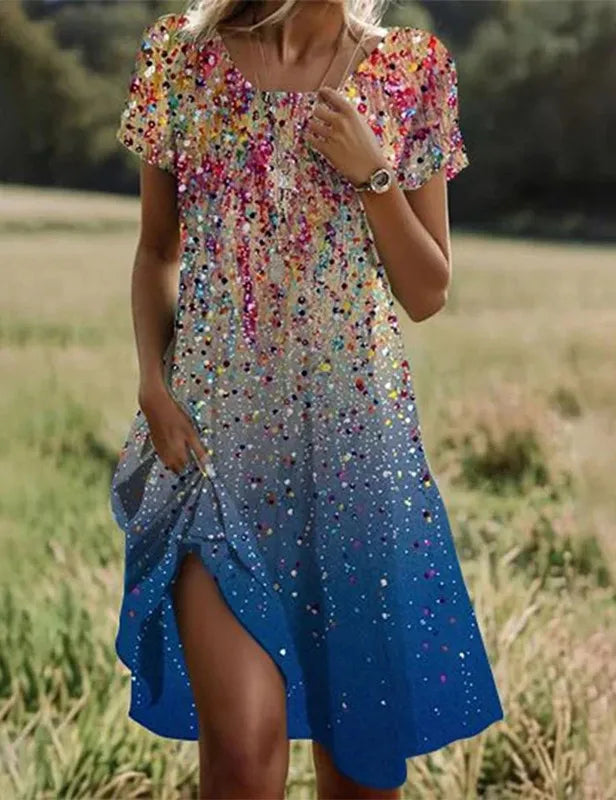 Ethnic Style Printed Summer New Short Sleeved Dress Artistic Fashionable Women's Casual Round Neck Mid Length Dress