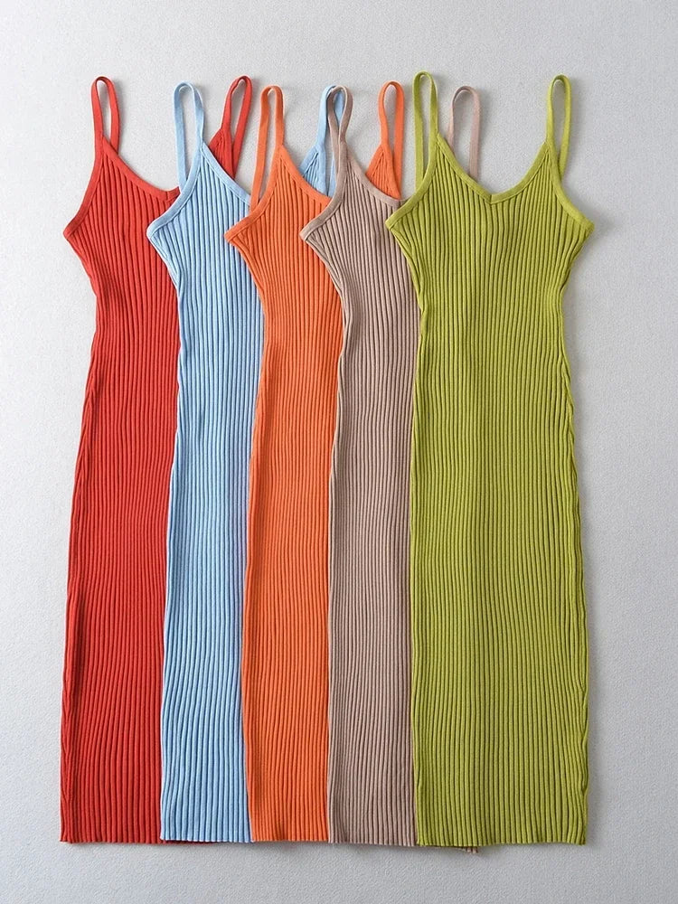 Tangada 2023 Summer Fashion Women Solid Sweater Dress Sleeveless V Neck Ladies Midi Dress AI25X