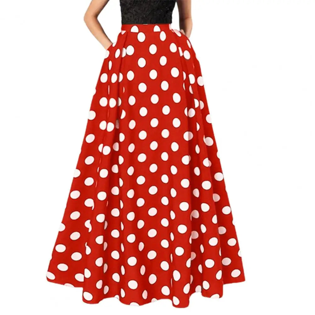 Polka Dot Flared A-line Women Maxi Skirt A-line Pleated Long Skirts Summer Lady Vintage Elastic Waist Dot Print Silhouette Skirt