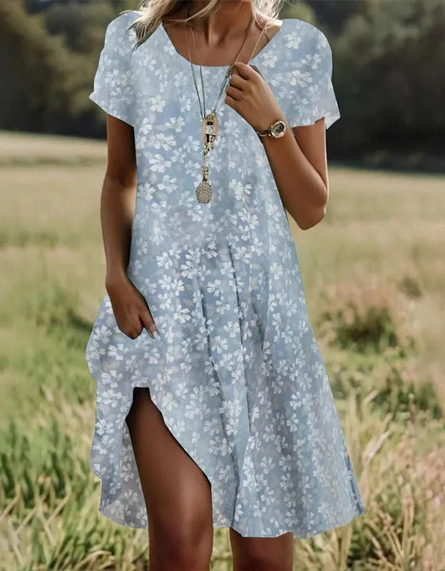 Ethnic Style Printed Summer New Short Sleeved Dress Artistic Fashionable Women's Casual Round Neck Mid Length Dress