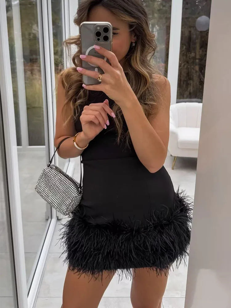 Elegant Feather Trim Mini Dress - Chic Party Style