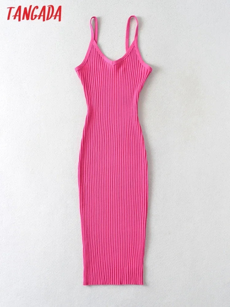 Tangada 2023 Summer Fashion Women Solid Sweater Dress Sleeveless V Neck Ladies Midi Dress AI25X