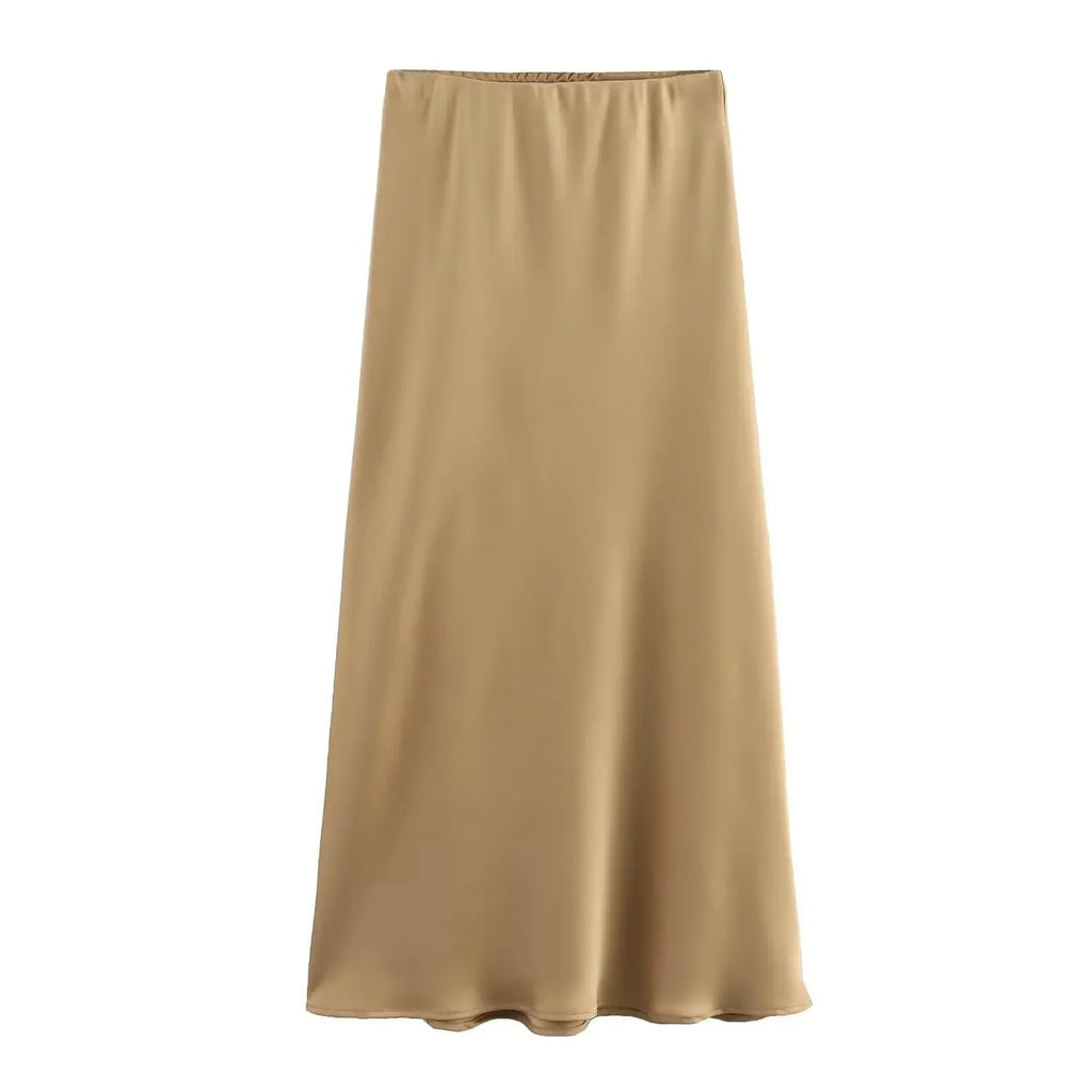 Elegant Black Satin Midi Skirt - High Waist Fashion