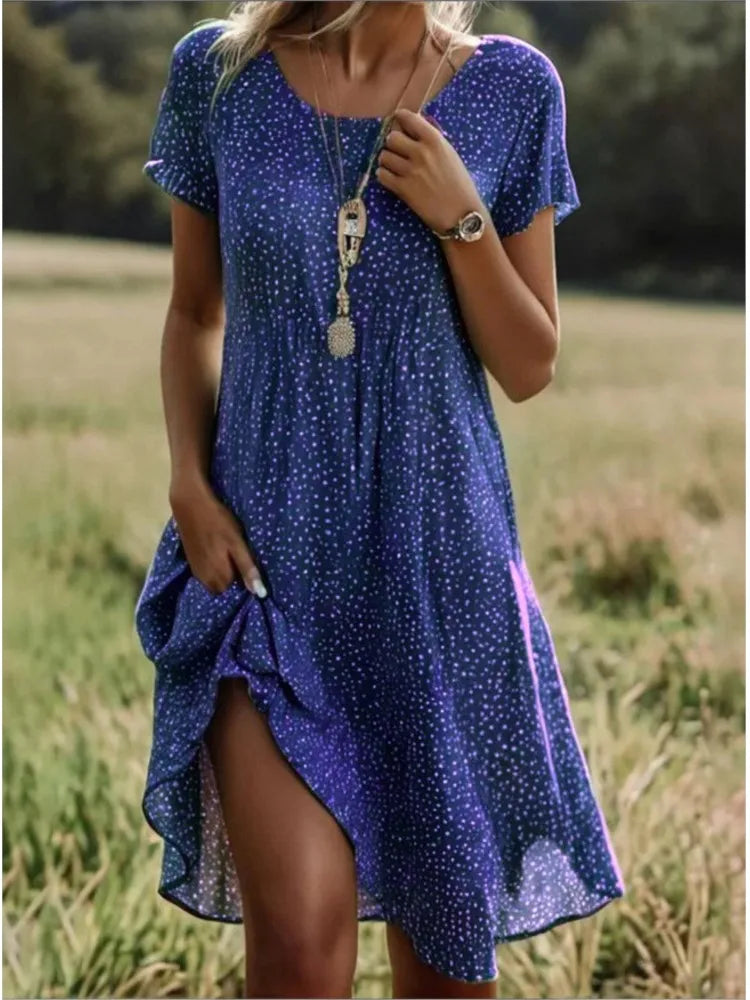 Ethnic Style Printed Summer New Short Sleeved Dress Artistic Fashionable Women's Casual Round Neck Mid Length Dress