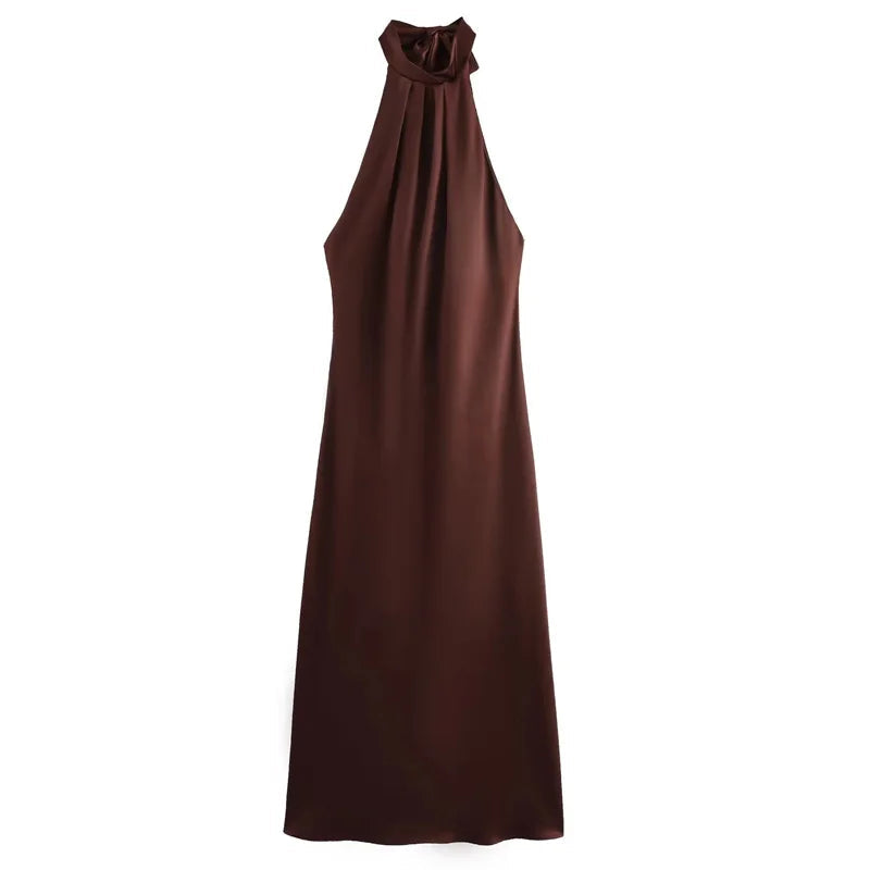 Elegant Satin Halter Backless Midi Dress - Brown