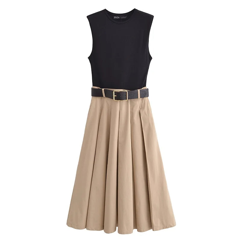 Chic Sleeveless Pleated Midi Dress with Belt