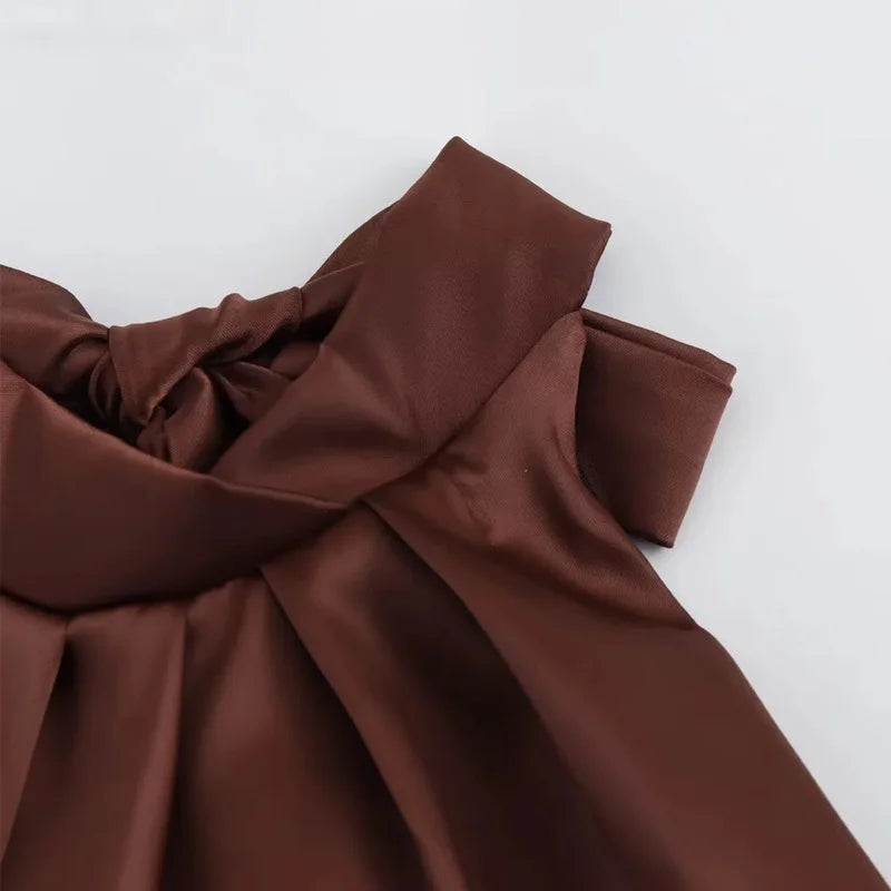Elegant Satin Halter Backless Midi Dress - Brown