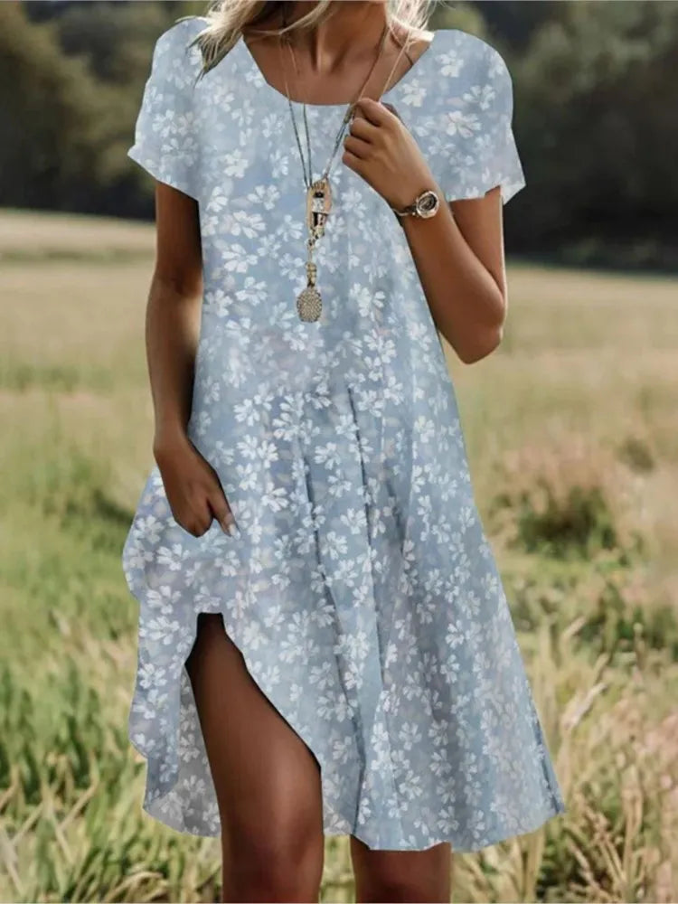 Ethnic Style Printed Summer New Short Sleeved Dress Artistic Fashionable Women's Casual Round Neck Mid Length Dress