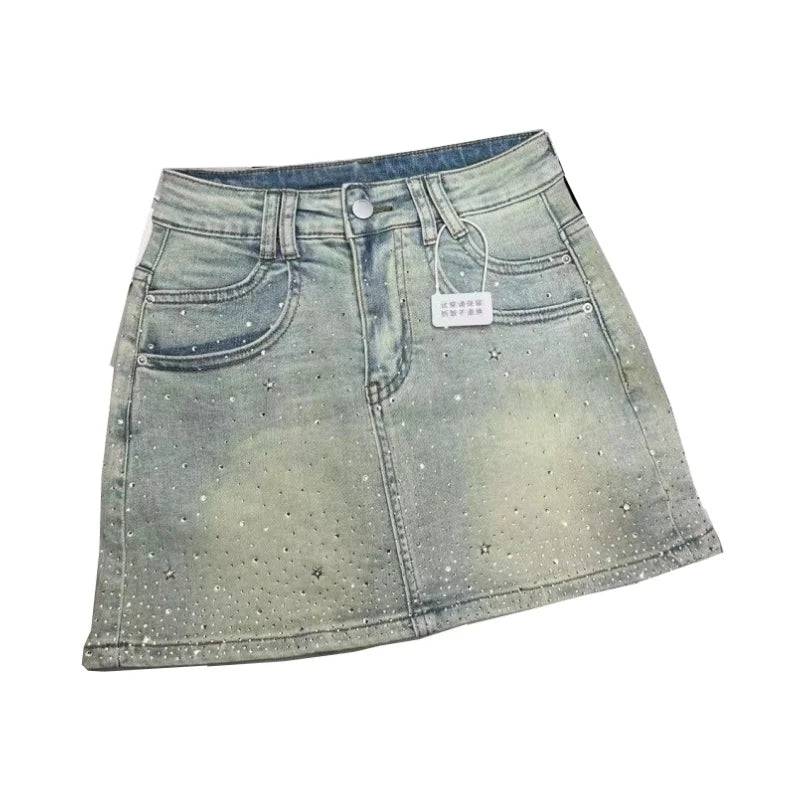 Starry Hot Rhinestone Denim Skirt for Women 2024 Summer New Retro Slimming a-Line Sheath Denim Skirt