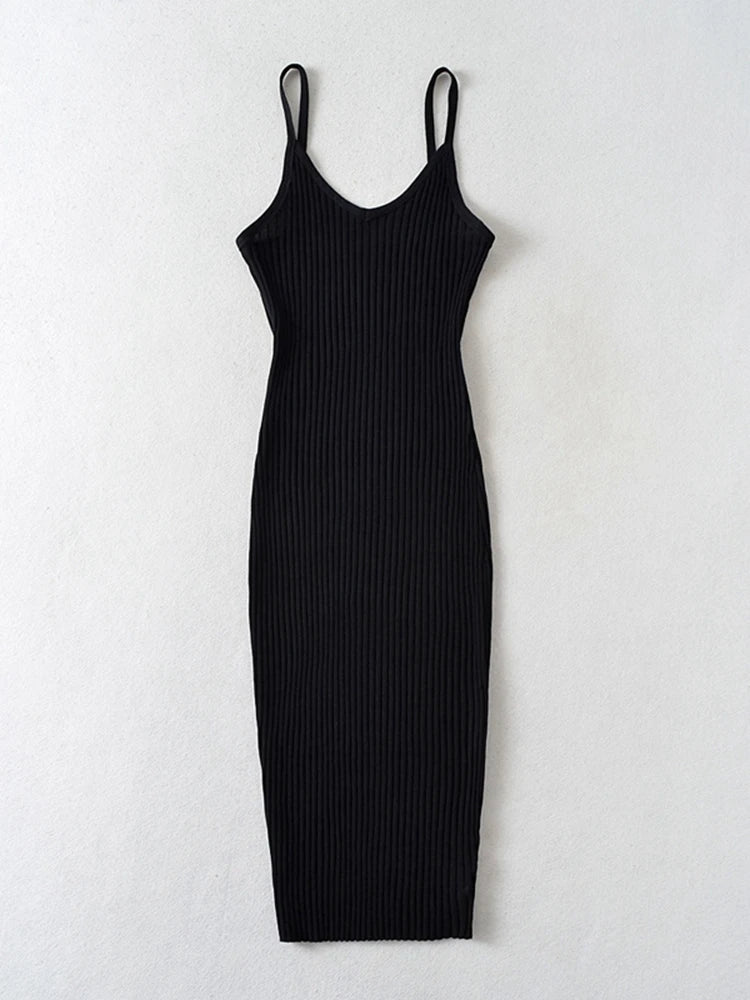 Tangada 2023 Summer Fashion Women Solid Sweater Dress Sleeveless V Neck Ladies Midi Dress AI25X