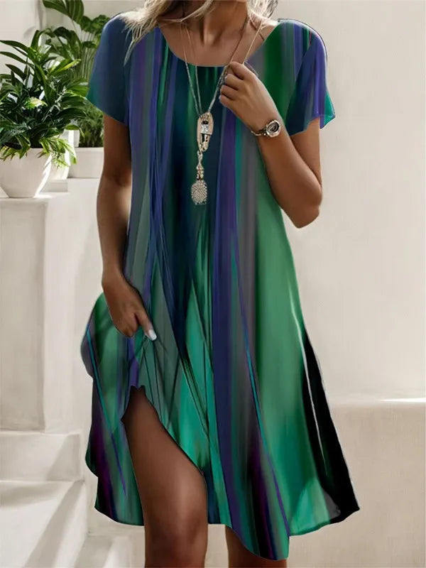 Ethnic Style Printed Summer New Short Sleeved Dress Artistic Fashionable Women's Casual Round Neck Mid Length Dress