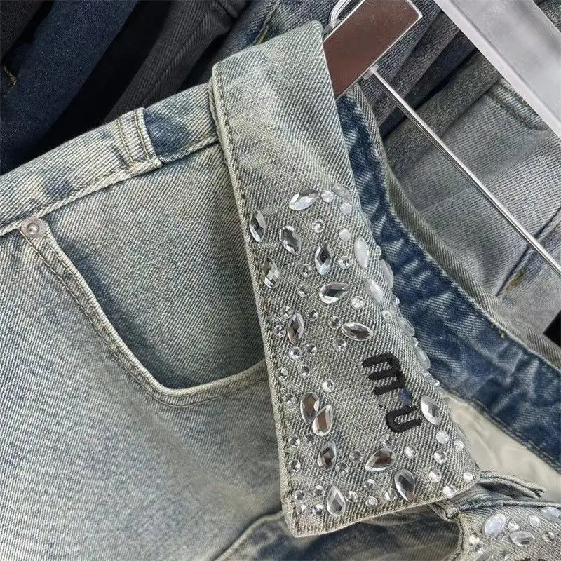 Vintage Fashion High Waist Diamonds A-line Skirt Female Trend Sexy Pocket Skirt Women Clothing Fashionable Distressed Mini Dress