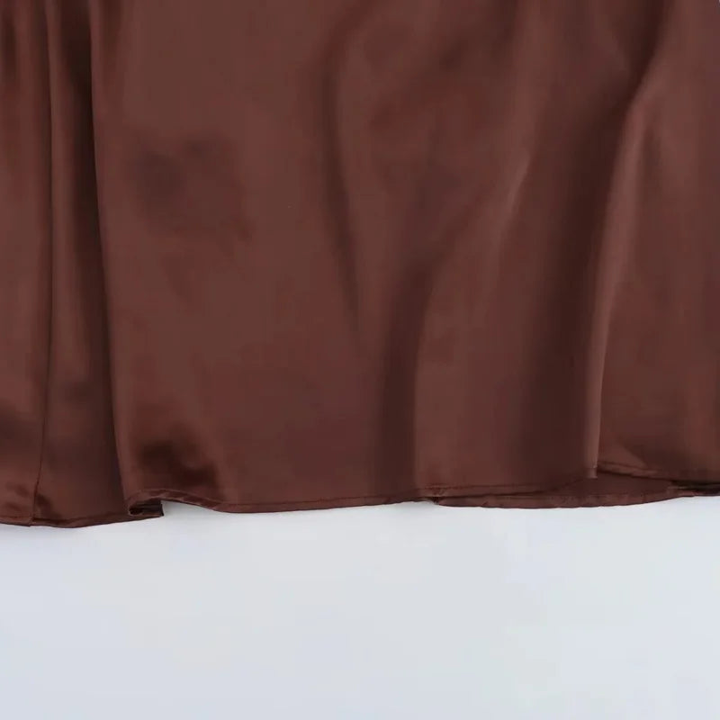 Elegant Satin Halter Backless Midi Dress - Brown
