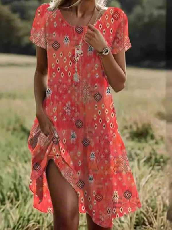 Ethnic Style Printed Summer New Short Sleeved Dress Artistic Fashionable Women's Casual Round Neck Mid Length Dress