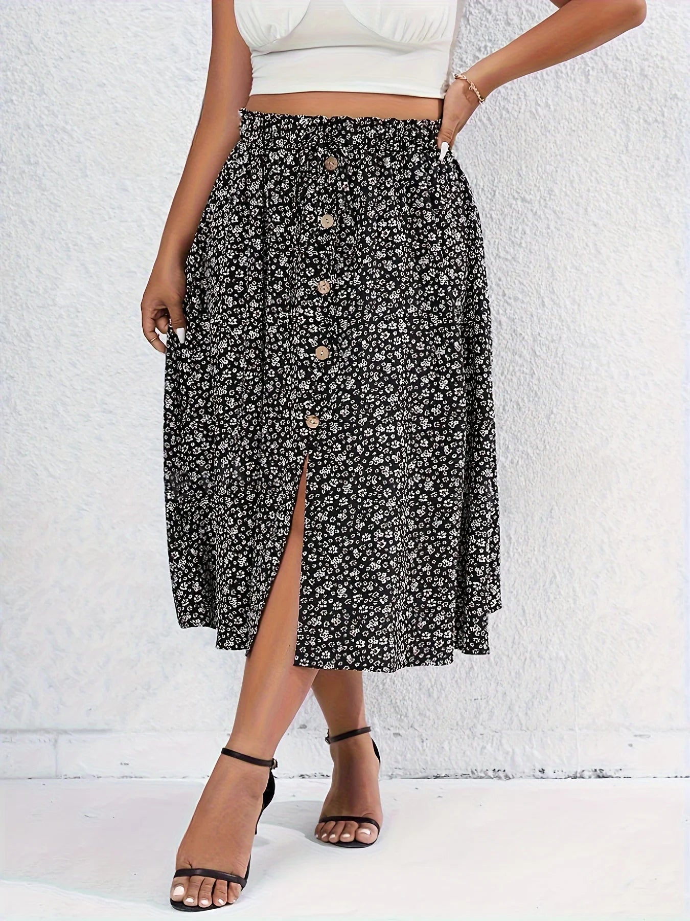 Elegant Plus Size Floral Print Split Skirt