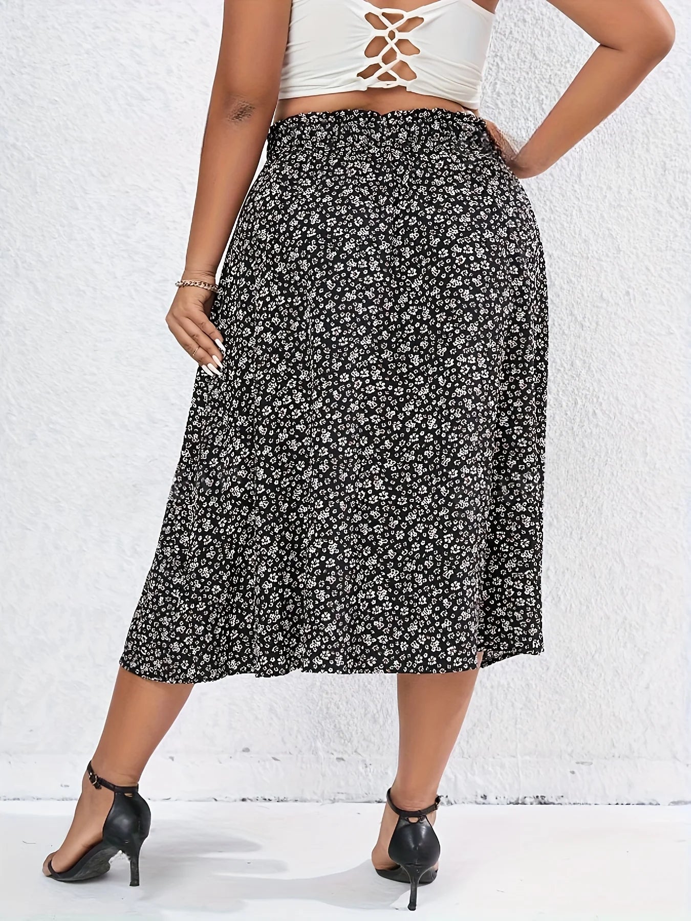 Elegant Plus Size Floral Print Split Skirt