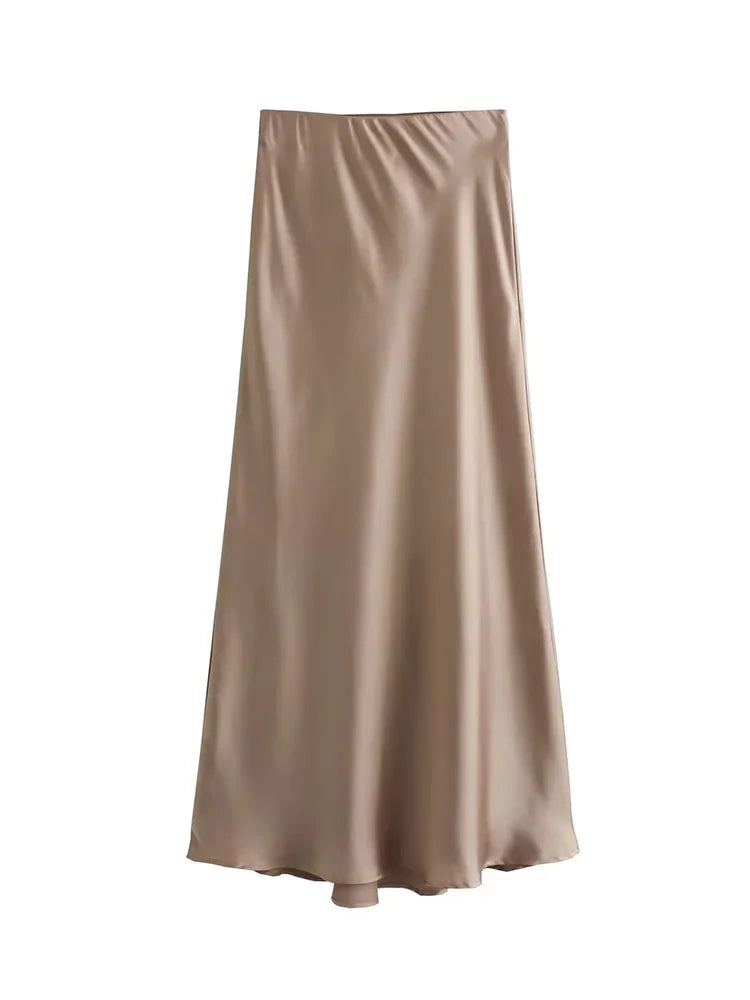 Elegant Black Satin Midi Skirt - High Waist Fashion
