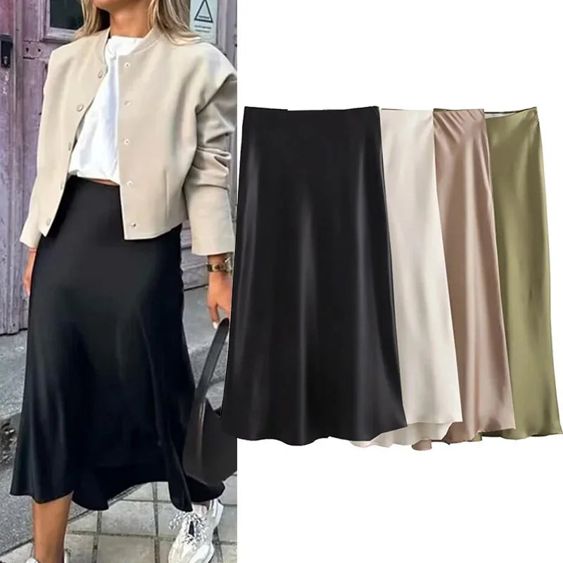 Elegant Black Satin Midi Skirt - High Waist Fashion