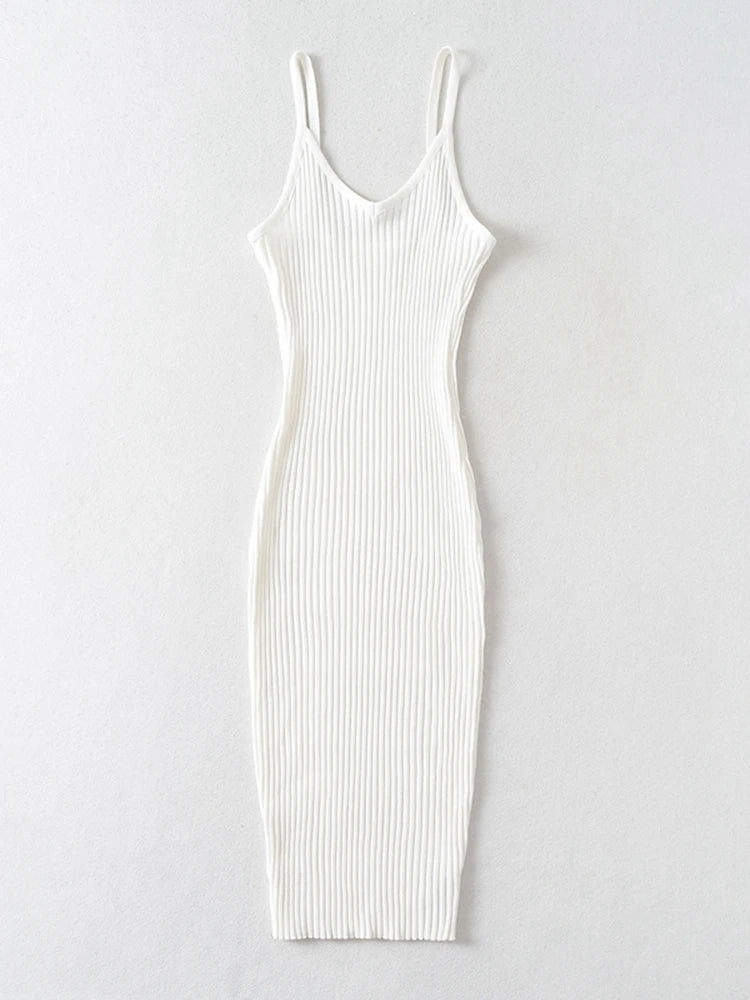 Tangada 2023 Summer Fashion Women Solid Sweater Dress Sleeveless V Neck Ladies Midi Dress AI25X