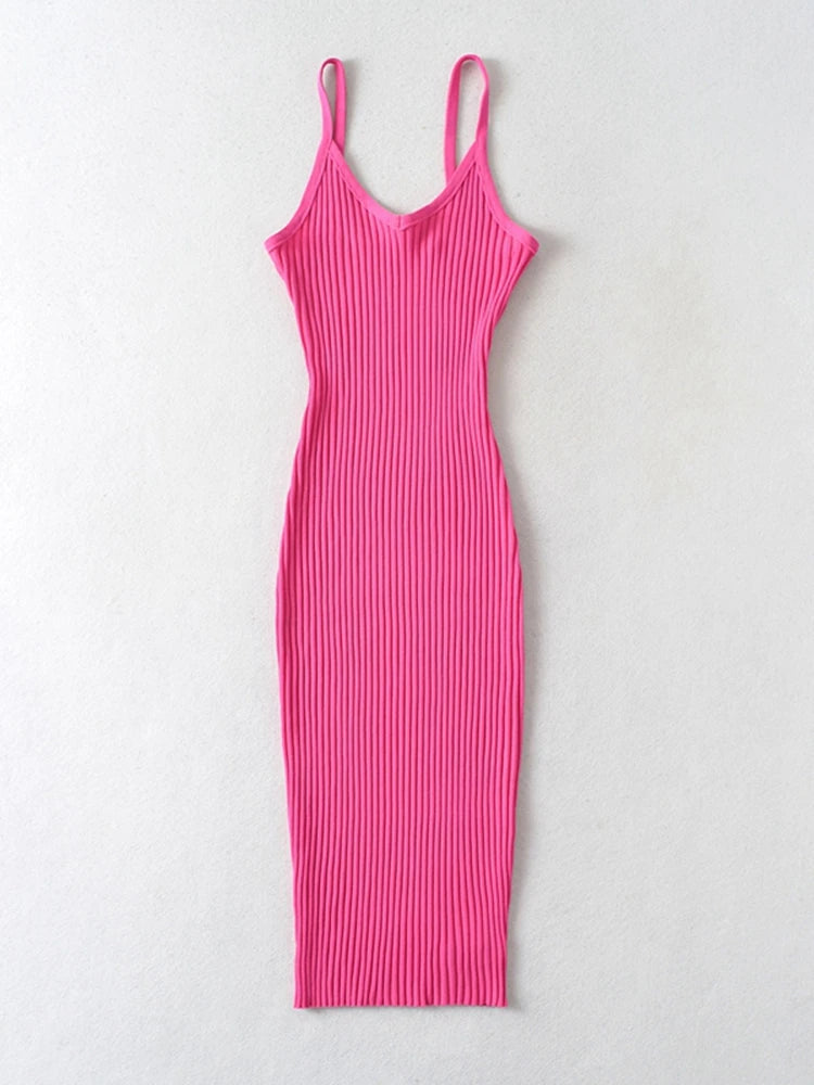 Tangada 2023 Summer Fashion Women Solid Sweater Dress Sleeveless V Neck Ladies Midi Dress AI25X