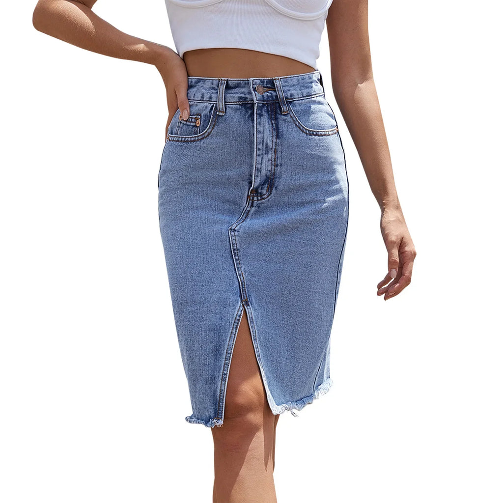 Chic Front Slit Denim Skirt with Pockets