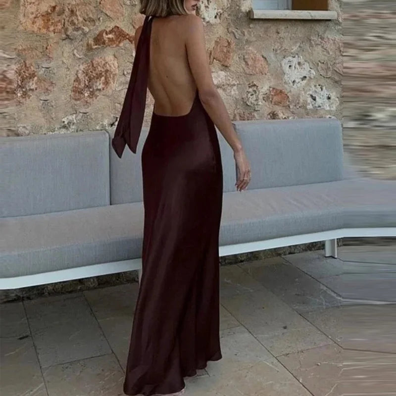 Elegant Satin Halter Backless Midi Dress - Brown