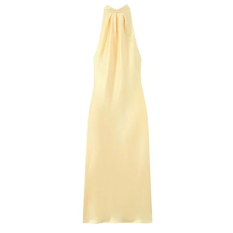 Elegant Satin Halter Backless Midi Dress - Brown
