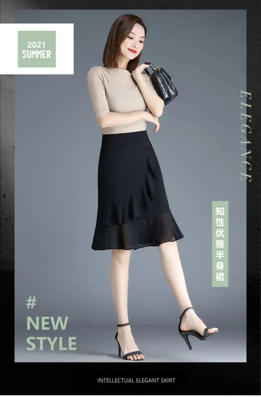 Elegant Black Chiffon Fishtail Skirt