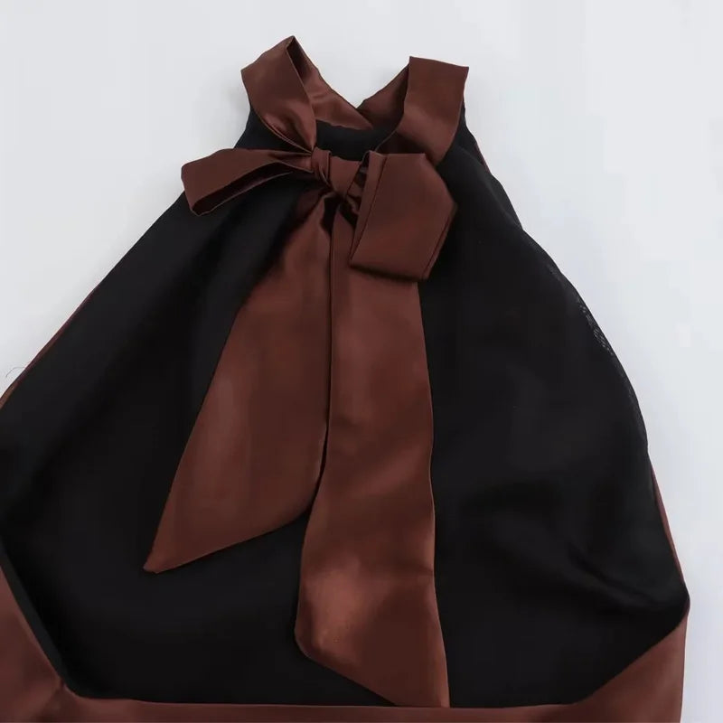 Elegant Satin Halter Backless Midi Dress - Brown
