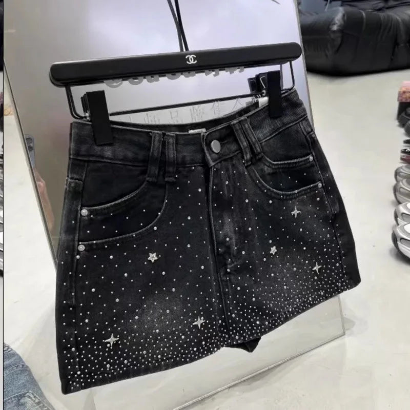 Starry Hot Rhinestone Denim Skirt for Women 2024 Summer New Retro Slimming a-Line Sheath Denim Skirt