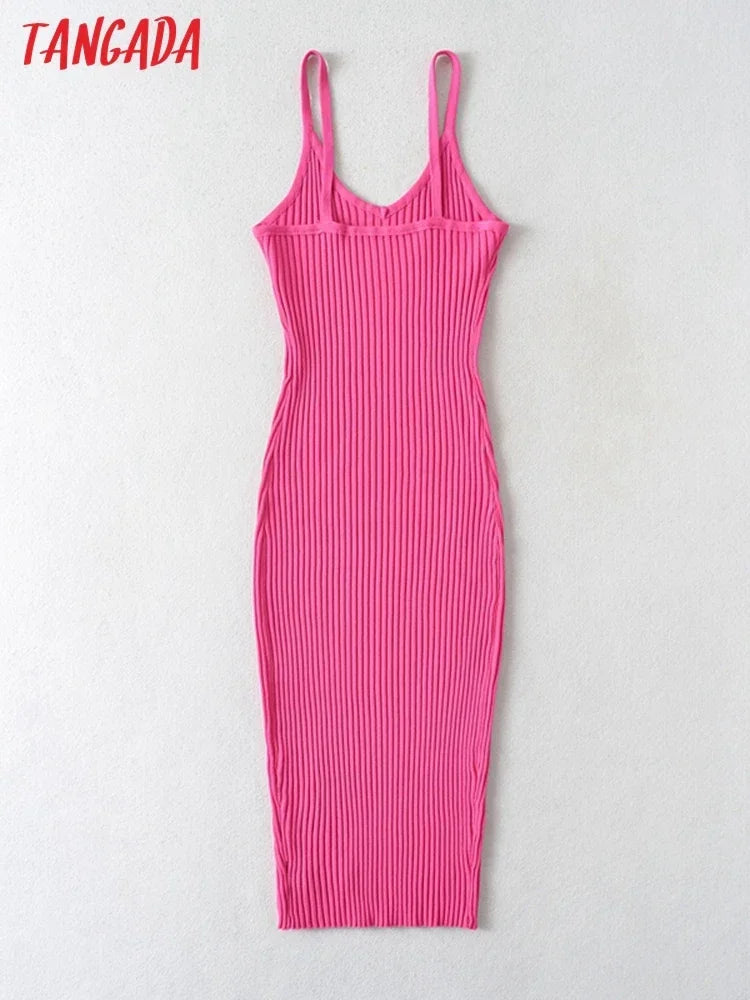 Tangada 2023 Summer Fashion Women Solid Sweater Dress Sleeveless V Neck Ladies Midi Dress AI25X