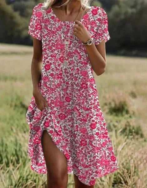Ethnic Style Printed Summer New Short Sleeved Dress Artistic Fashionable Women's Casual Round Neck Mid Length Dress