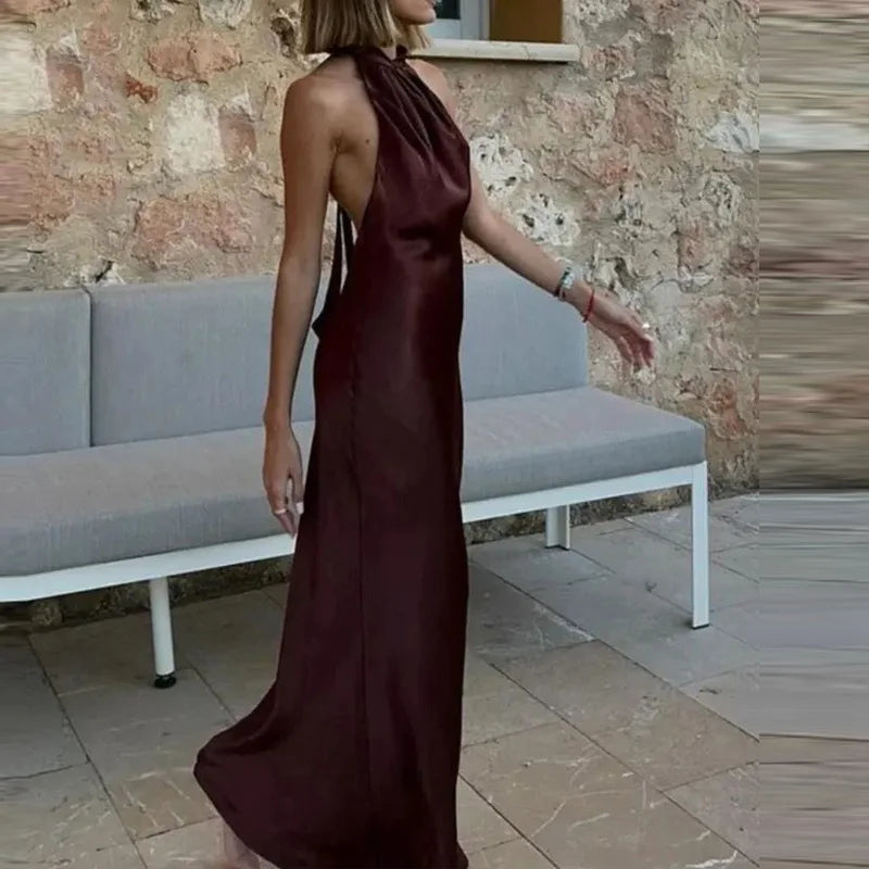 Elegant Satin Halter Backless Midi Dress - Brown