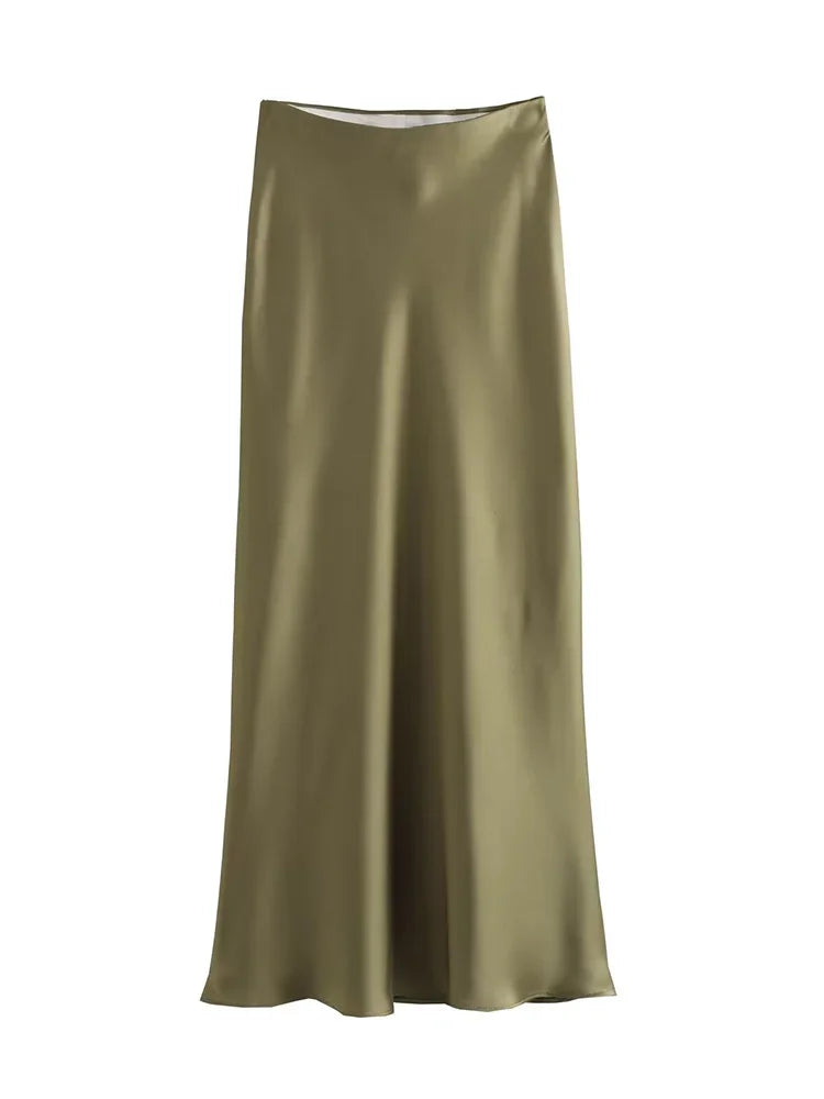 Elegant Black Satin Midi Skirt - High Waist Fashion