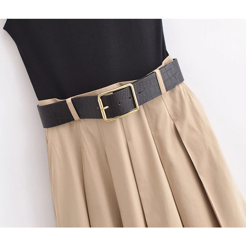 Chic Sleeveless Pleated Midi Dress with Belt
