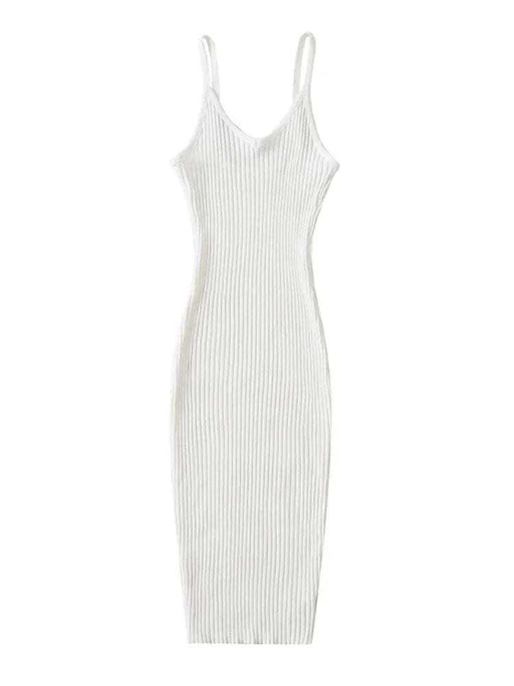 Tangada 2023 Summer Fashion Women Solid Sweater Dress Sleeveless V Neck Ladies Midi Dress AI25X
