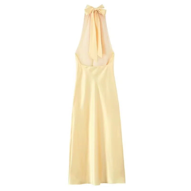 Elegant Satin Halter Backless Midi Dress - Brown