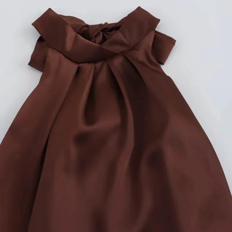 Elegant Satin Halter Backless Midi Dress - Brown