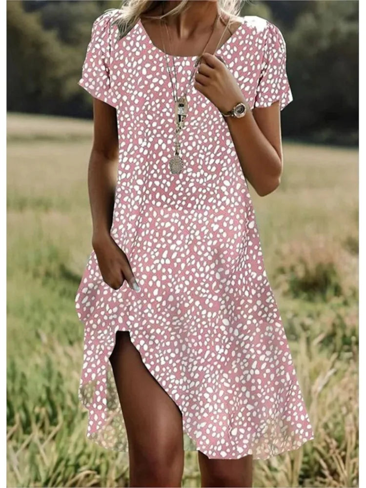 Ethnic Style Printed Summer New Short Sleeved Dress Artistic Fashionable Women's Casual Round Neck Mid Length Dress