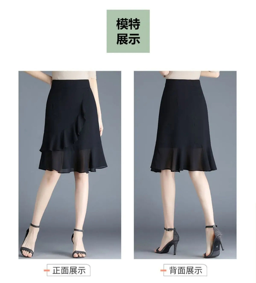 Elegant Black Chiffon Fishtail Skirt