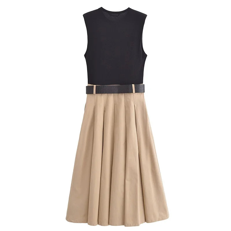 Chic Sleeveless Pleated Midi Dress with Belt