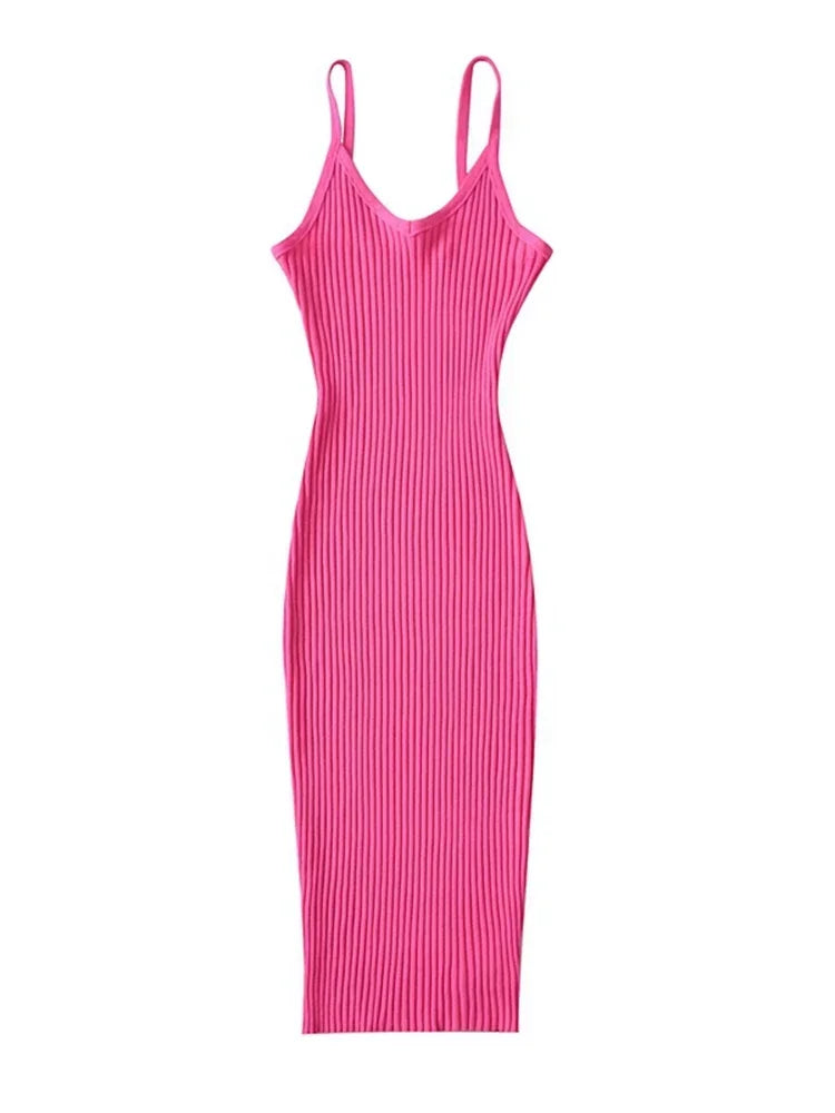 Tangada 2023 Summer Fashion Women Solid Sweater Dress Sleeveless V Neck Ladies Midi Dress AI25X