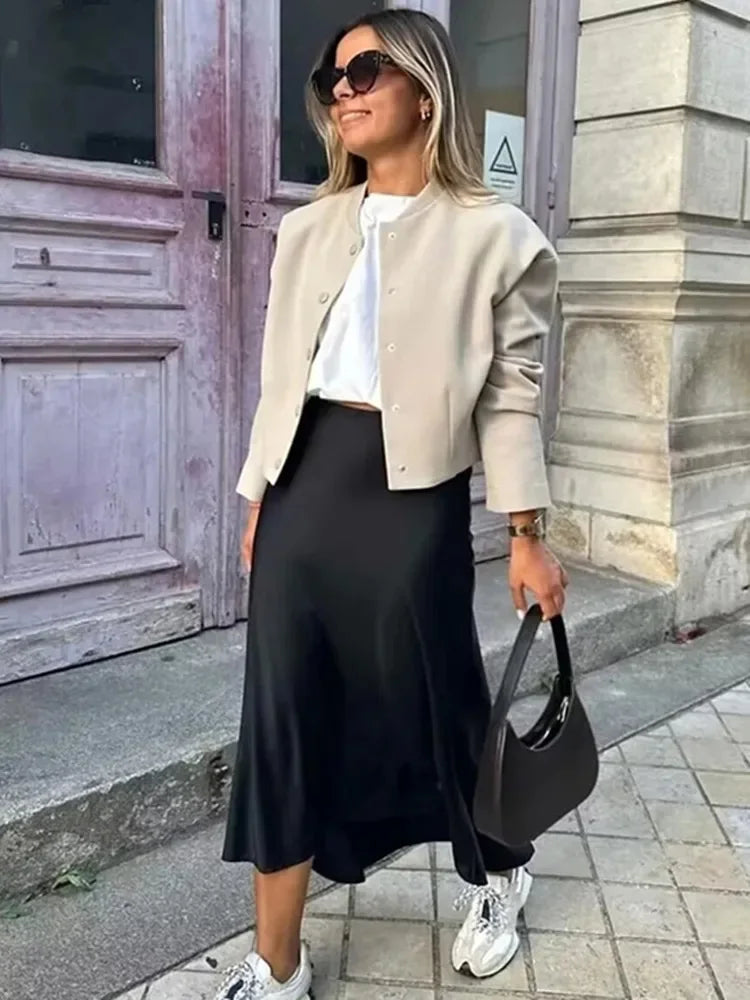 Elegant Black Satin Midi Skirt - High Waist Fashion