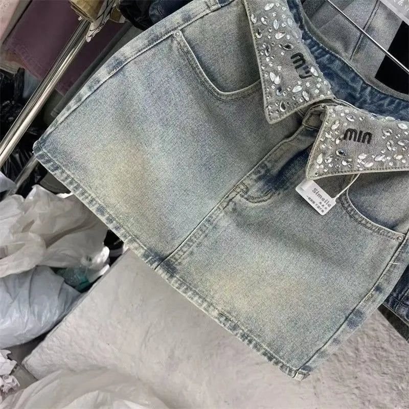 Vintage Fashion High Waist Diamonds A-line Skirt Female Trend Sexy Pocket Skirt Women Clothing Fashionable Distressed Mini Dress